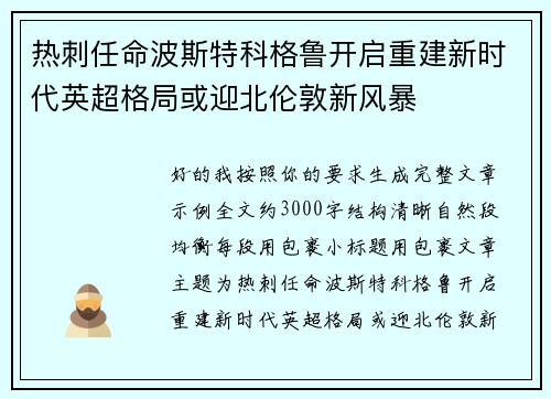 热刺任命波斯特科格鲁开启重建新时代英超格局或迎北伦敦新风暴